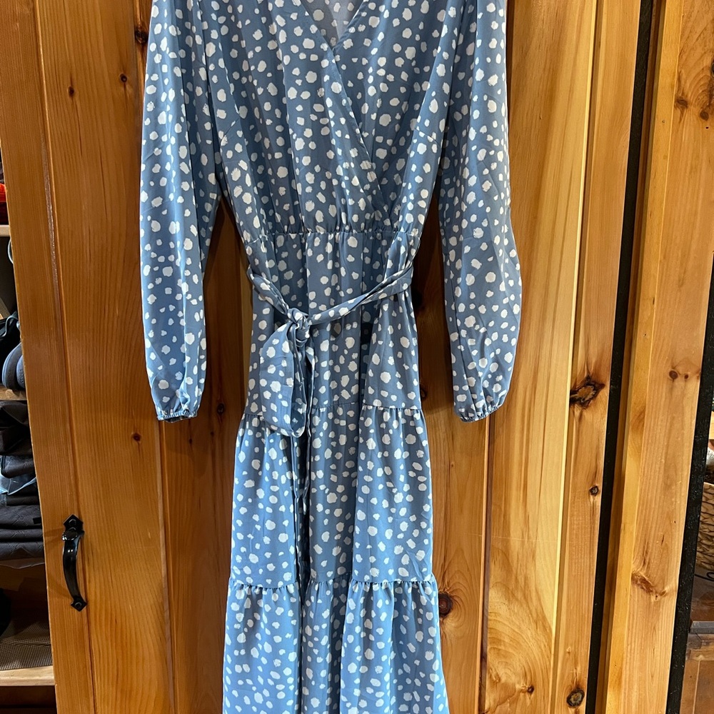 Blue Polka Dot Tiered Wrap Dress